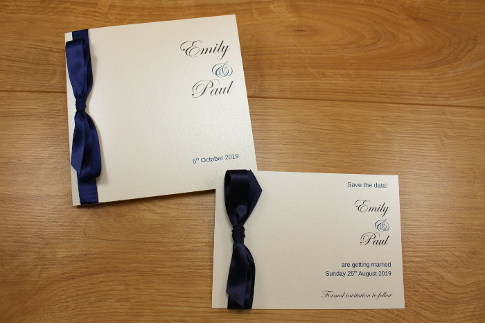 Classic Bow Wedding Invitation Navy Blue