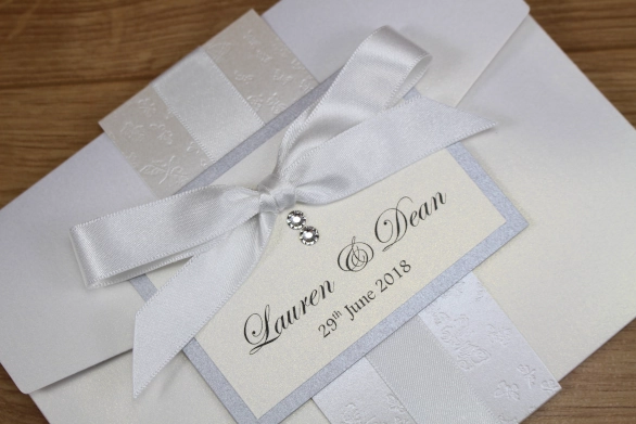 Pocketfold Wedding Invitation Cream Silver White Tied Ribbon Butterfly Embossed Swarovski Crystals
