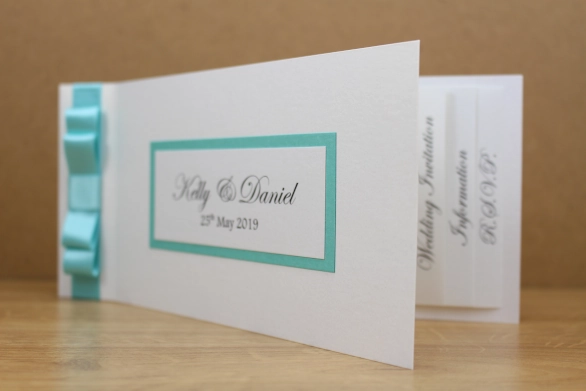 Cheque Book Wedding Invitation Alternative RSVP Gift List Turquoise Flat Layered Ribbon
