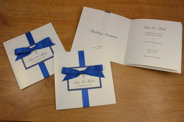  Lilac Wedding Invitation Classic Fold White Blue Luxury Tied Ribbon Swarovski Crystals
