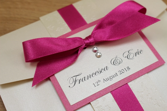 Luxury Pocketfold Wedding Invitation Tied Ribbon Fuchsia Pink Butterfly Embossed Ivory Elegant Crystals 
