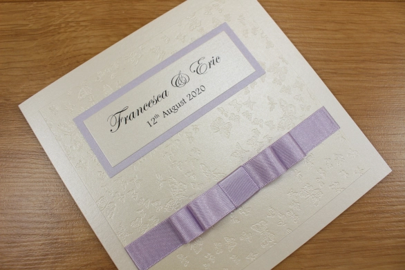 Classic Fold Butterfly Embossed Cream Lilac Flat Layered Ribbon Luxury Wedding Invitation
