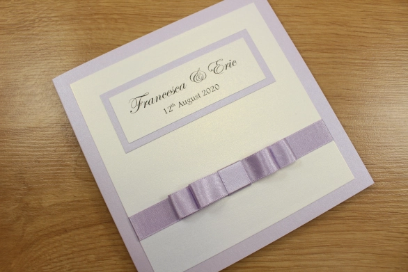  Lilac Wedding Invitation Classic Fold Flat Layered Ribbon White Simple Elegant
