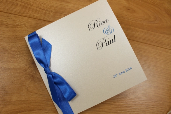 Classic Fold Wedding Invitation Swarovski Crystals Blue Cream Tied Ribbon Luxury
