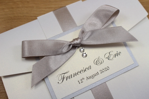 Pocketfold Wedding Invitation White Silver Luxury Tied Ribbon Swarovski Crystals RSVP Gift List
