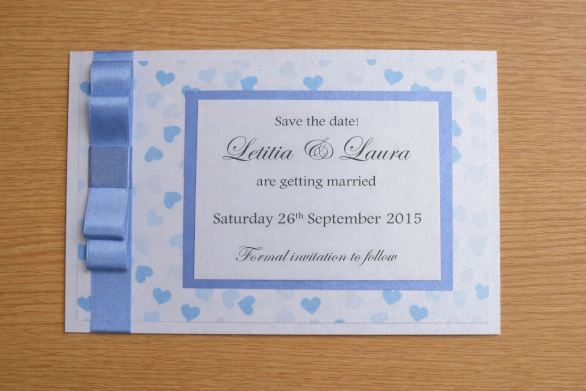 Lettia & Laura from Great Dunmow beautiful blue heart save the date cards