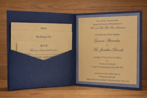 Dark blue pocket wedding invitations