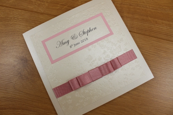 Classic Fold Wedding Invitation Cream Pink Butterfly Embossed Flat Layered Ribbon Butterfly Embossed Elegant

