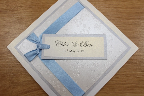 Classic Fold Butterfly Embossed Wedding Invitation Silver Cornflower Flat Ribbon Luxury Elegant
