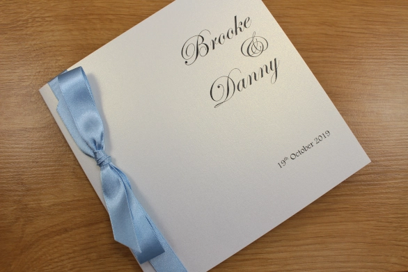 Classic Fold White Printed Wedding Invitation Tied Ribbon Cornflower Baby Blue
