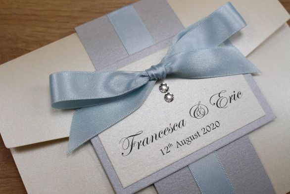 Pocketfold Wedding Invitation Cream Silver Ivory Tied Ribbon Luxury Swarovski Crystals
