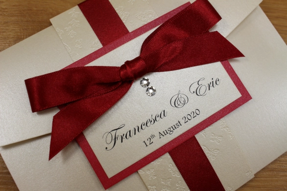 Pocketfold Wedding Invitation Cream Butterfly Embossed Ivory Tied Ribbon Dark Red Swarovski Crystals

