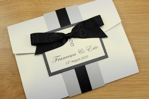Pocketfold Wedding Invitation Black Silver White Tied Ribbon Luxury Swarovski Crystals
