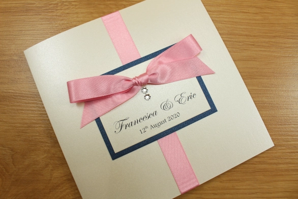 Classic Fold Wedding Invitation White Dark Blue Elegant Tied Ribbon Azalea Swarovski Crystals
