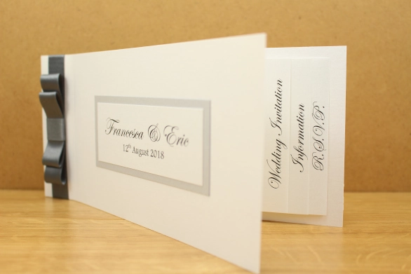 Cheque Book Wedding Invitation White Silver Grey Flat Layered Ribbon Gifts Acomodation RSVP

