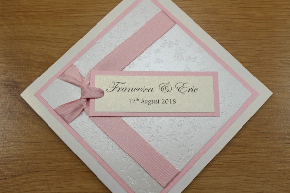 Wedding Invitation Classic Fold White Butterfly Embossed Pink Pale Pink Baby Pink Flat Ribbon
