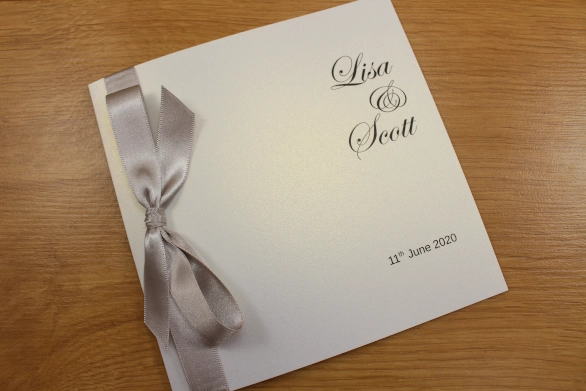 Simple Wedding Invitation Classic Fold Silver Grey White Tied Ribbon Timeless
