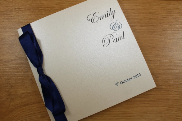 Simple Wedding Invitation Classic Fold Navy Blue Cream Tied Ribbon Timeless Printed Ivory

