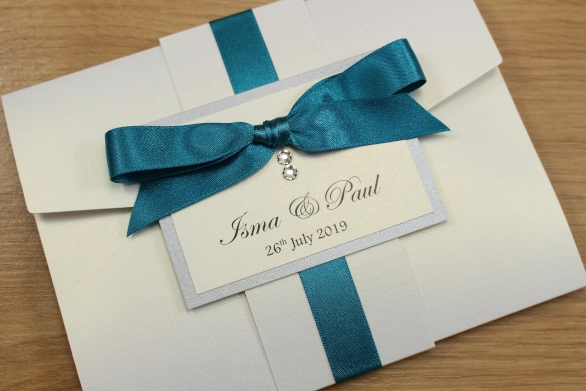 Pocketfold Wedding Invitation White Silver Peacock Tied Ribbon Elegant Swarovski Crystals
