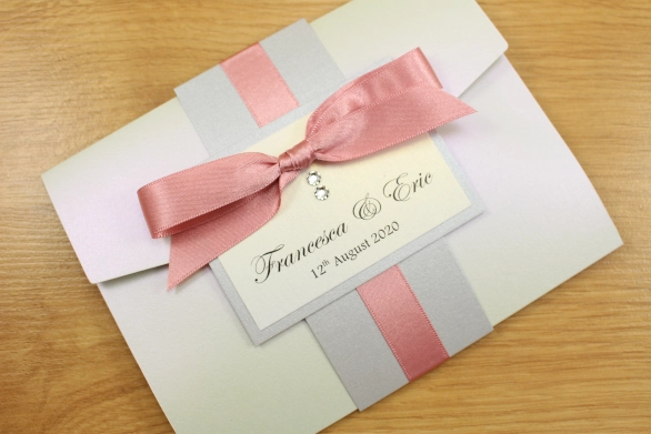 Pocketfold Wedding Invitation Peridot Silver Dusky Pink Tied Ribbon Luxury Swarovski Crystals
