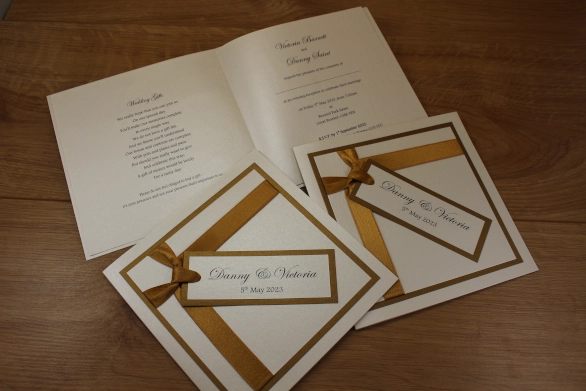 Classic Wedding Invitation Folded Cream Antique Gold  Flat Gold Ribbon Luxury

