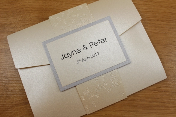Pocketfold Wedding Invitation Cream Silver Butterfly Embossed Band No Ribbon
