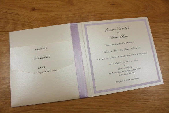 Classic Fold Wedding Invitation With Pocket Lilac Ivory Flat Layered Ribbon Gifts Information Card RSVP
