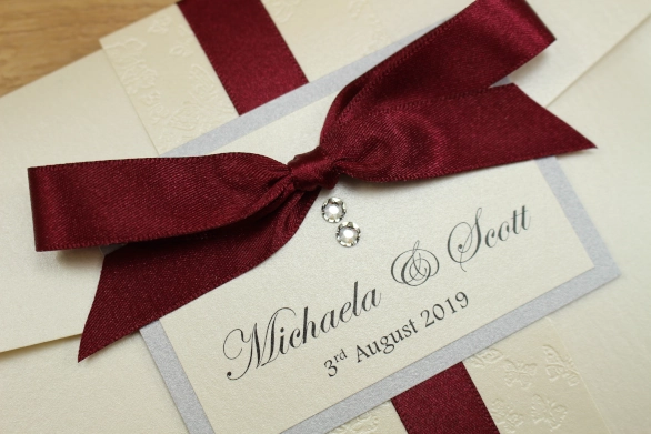Pocketfold Wedding Invitation Cream Silver White Tied Ribbon Butterfly Embossed Swarovski Crystals
