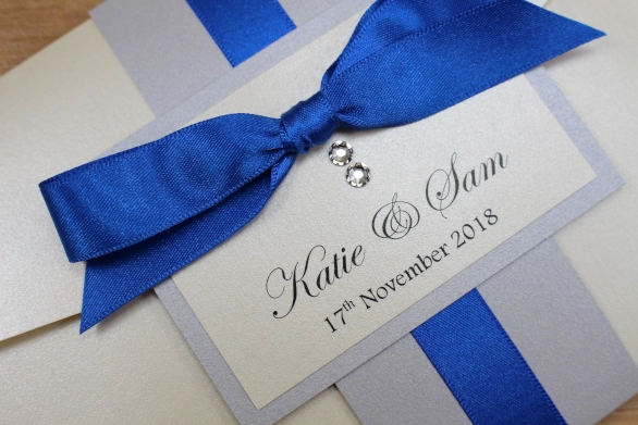 Pocketfold Wedding Invitation White Royal Blue Tied Ribbon Silver Luxury Swarovski Crystals
