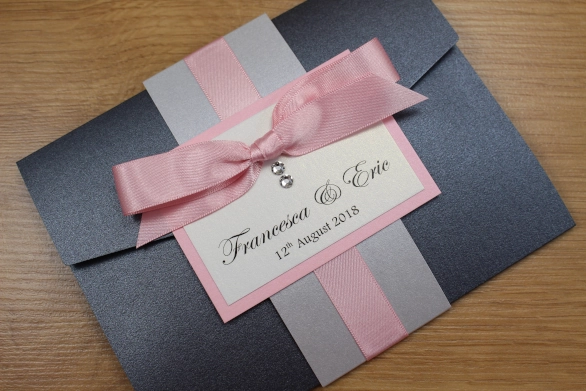 Pocketfold Wedding Invitation Black Silver Rose Pink Tied Ribbon Elegant Swarovski Crystals
