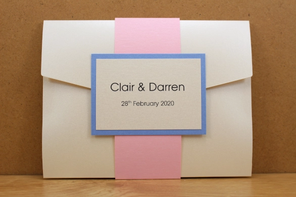 Alternative Pocketfold Wedding Invitation Cream Rose Pink Baby Blue Tied Ribbon  Swarovski Crystals
