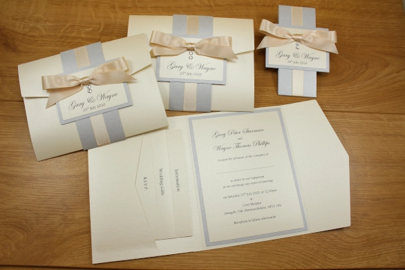 Pocketfold Wedding Invitation Cream Silver Cream Ribbon Tied Ribbon Luxury Swarovski Crystals
