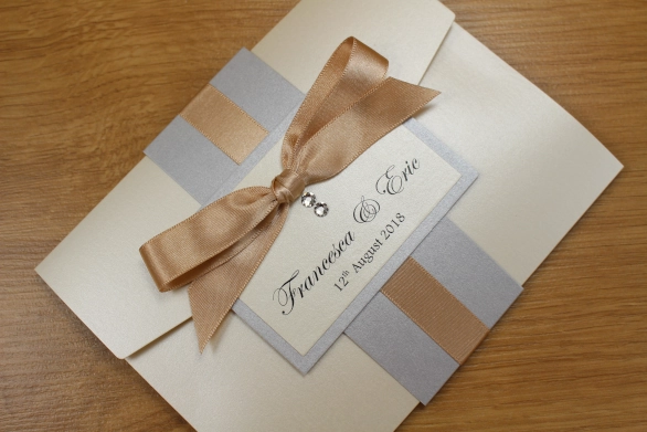 Pocketfold Wedding Invitation Cream Silver Tied Ribbon Cream Ribbon Swarovski Crystals

