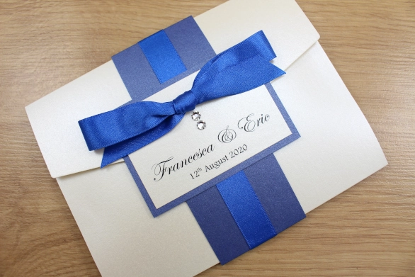 Royal Blue Pocketfold Wedding Invitation Cream Blue  Ribbon Tied Ribbon Luxury Swarovski Crystals

<div style=