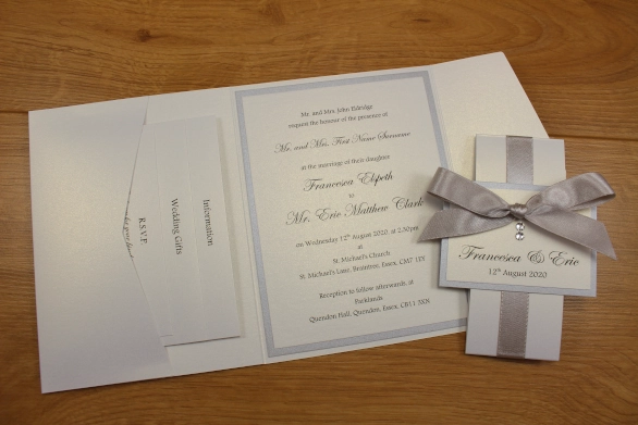 Pocketfold Wedding Invitation White Silver Grey Tied Ribbon Luxury Swarovski Crystals
