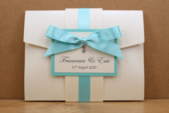  Turquoise Pocketfold Wedding Invitation Cream Turquoise Ribbon Tied Ribbon Butterfly Embossed Swarovski Crystals
