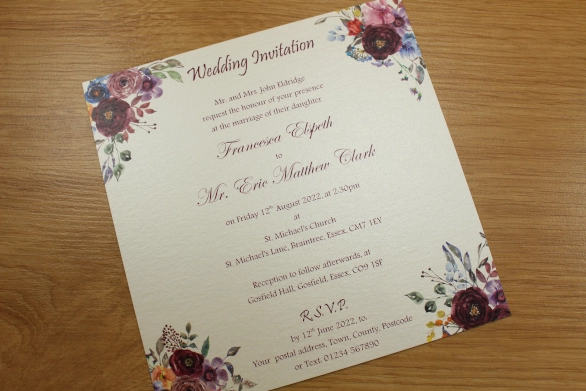 Watercolour Wedding Invitation Flat Cream Purple Watercolour No Ribbon Double-sided Summer Floral
