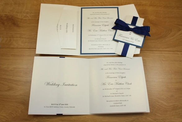Side by side comparison of a classic fold and Pocketfold wedding invitation