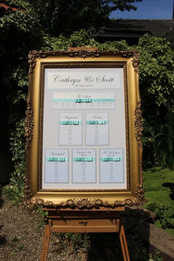Mint green and silver luxury wedding table plan mounted in a gold frame
